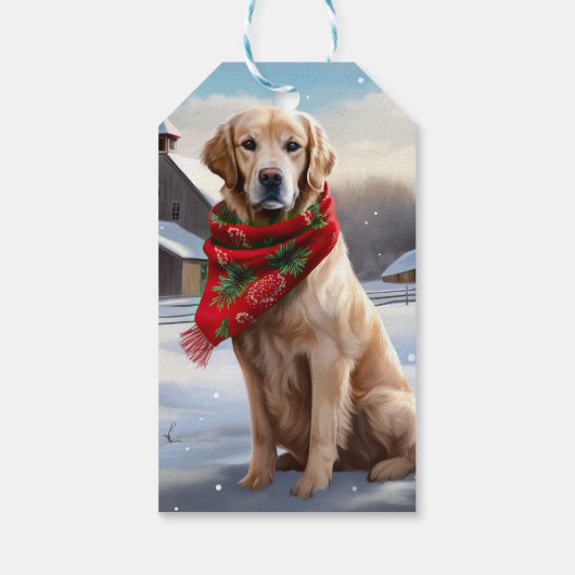 Gouden Retriever Hond in Sneeuw Kerstmis Cadeaulabel (Achterkant)
