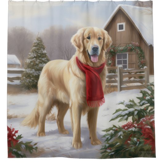 Gouden Retriever Hond in Sneeuw Kerstmis Douchegordijn (Voorkant)
