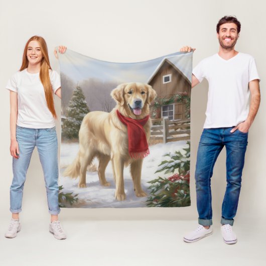 Gouden Retriever Hond in Sneeuw Kerstmis Fleece Deken (In situ)