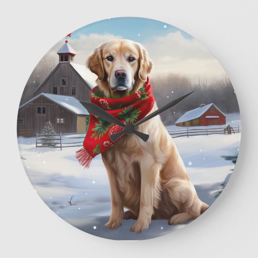 Gouden Retriever Hond in Sneeuw Kerstmis Grote Klok (Voorkant)