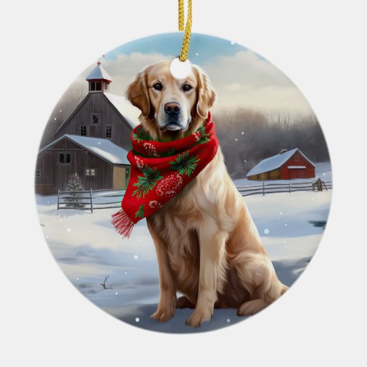 Gouden Retriever Hond in Sneeuw Kerstmis Keramisch Ornament (Voorkant)