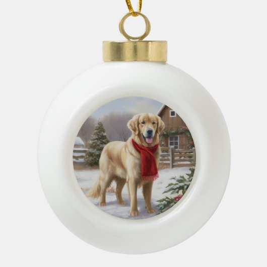 Gouden Retriever Hond in Sneeuw Kerstmis Keramische Bal Ornament (Voorkant)