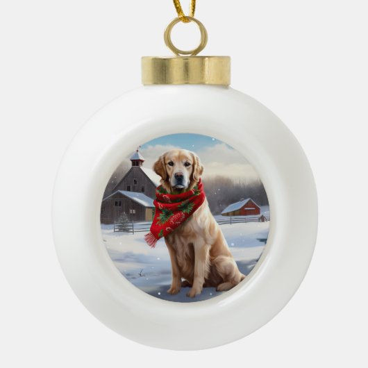 Gouden Retriever Hond in Sneeuw Kerstmis Keramische Bal Ornament (Voorkant)