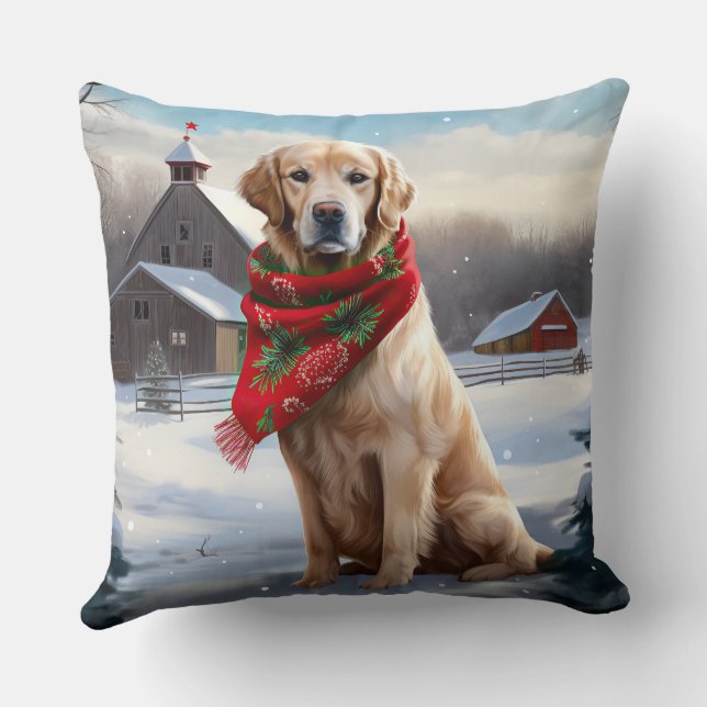 Gouden Retriever Hond in Sneeuw Kerstmis Kussen (Achterkant)