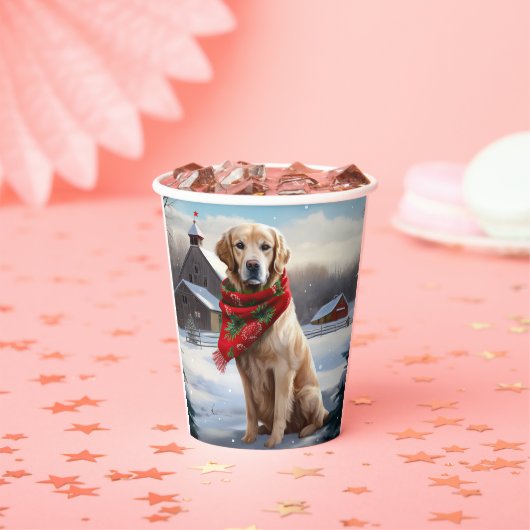 Gouden Retriever Hond in Sneeuw Kerstmis Papieren Bekers (Insitu)