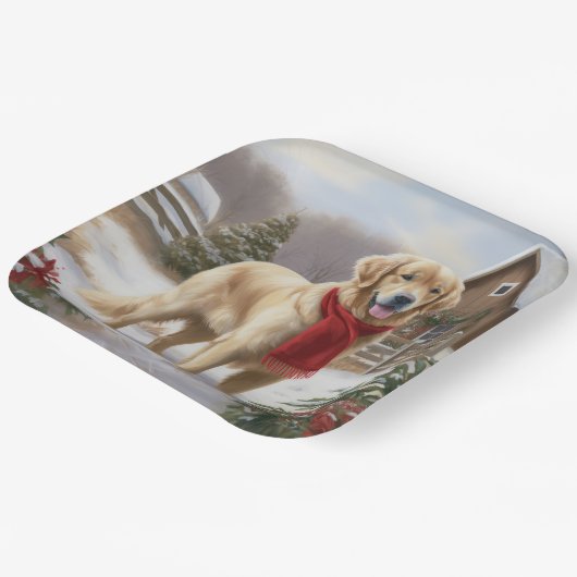 Gouden Retriever Hond in Sneeuw Kerstmis Papieren Bordje (Gebogen)