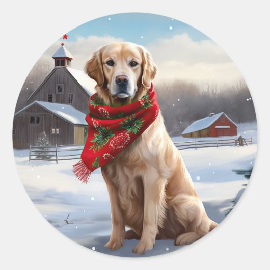 Gouden Retriever Hond in Sneeuw Kerstmis Ronde Sticker (Voorkant)