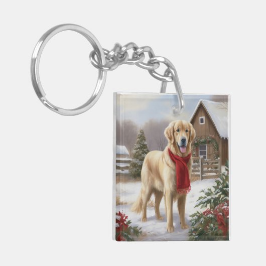 Gouden Retriever Hond in Sneeuw Kerstmis Sleutelhanger (Voorkant Links)