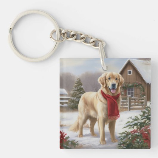 Gouden Retriever Hond in Sneeuw Kerstmis Sleutelhanger (Voorkant)