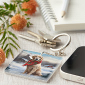 Gouden Retriever Hond in Sneeuw Kerstmis Sleutelhanger (Voorkant Rechts)
