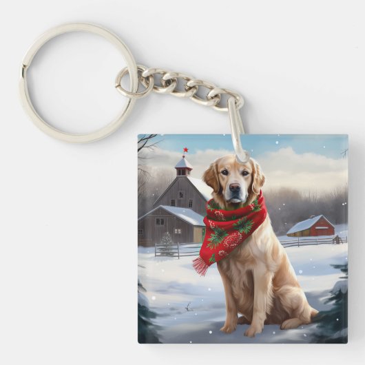 Gouden Retriever Hond in Sneeuw Kerstmis Sleutelhanger (Voorkant)