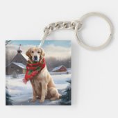 Gouden Retriever Hond in Sneeuw Kerstmis Sleutelhanger (Achterkant)