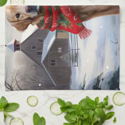 Gouden Retriever Hond in Sneeuw Kerstmis Theedoek (Gevouwen)