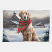 Gouden Retriever Hond in Sneeuw Kerstmis Theedoek (Horizontaal)