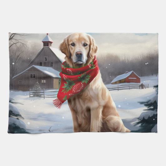 Gouden Retriever Hond in Sneeuw Kerstmis Theedoek (Horizontaal)