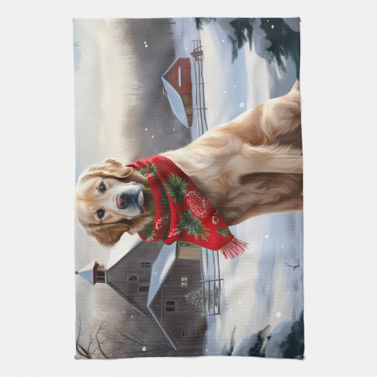 Gouden Retriever Hond in Sneeuw Kerstmis Theedoek (Verticaal)