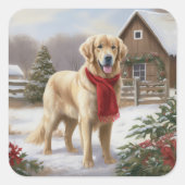 Gouden Retriever Hond in Sneeuw Kerstmis Vierkante Sticker (Voorkant)