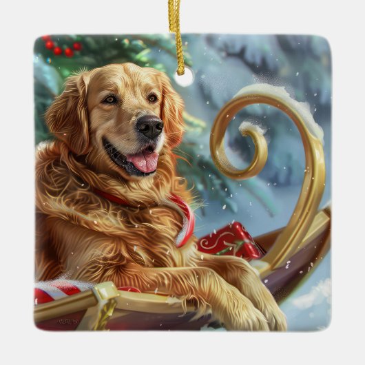 Gouden Retriever Hond Kerstfeest Keramisch Ornament (Voorkant)