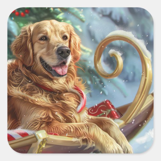 Gouden Retriever Hond Kerstfeest Vierkante Sticker (Voorkant)
