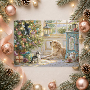 Gouden Retriever Hond Kittens Kerstboom Feestdagenkaart