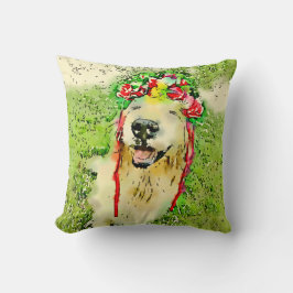 Gouden Retriever Hond Met Bloemenkrans Aquarel Kussen