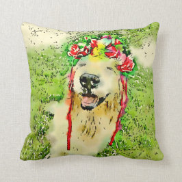 Gouden Retriever Hond Met Bloemenkrans Aquarel Kussen