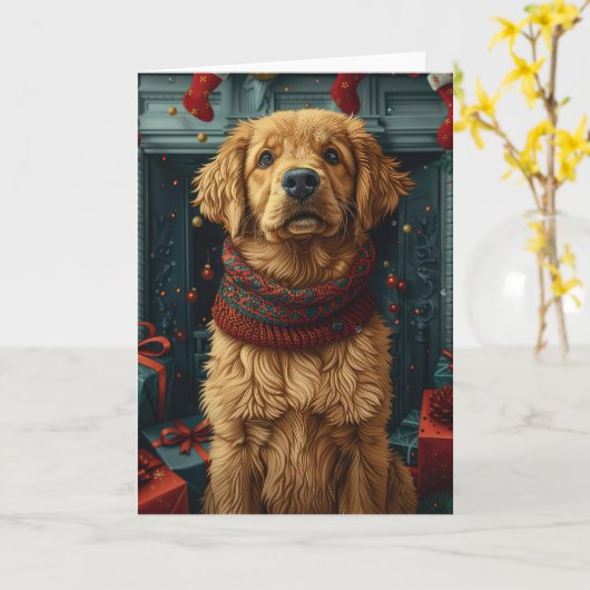 Gouden Retriever-hond met kerstcadeau-haard Kaart (Gele Bloem)