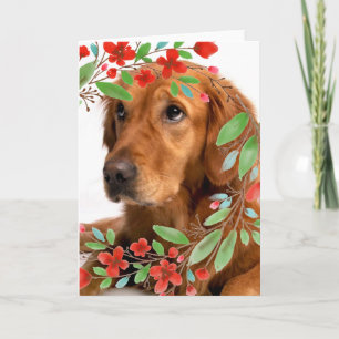 Gouden Retriever-hond met waterverf rode bloemen Kaart