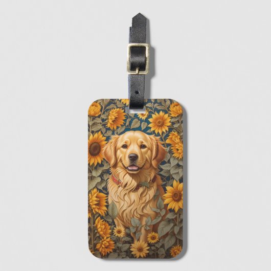 Gouden Retriever Hond Op Zonnebloemenveld Bagagelabel (Voorkant (verticaal))