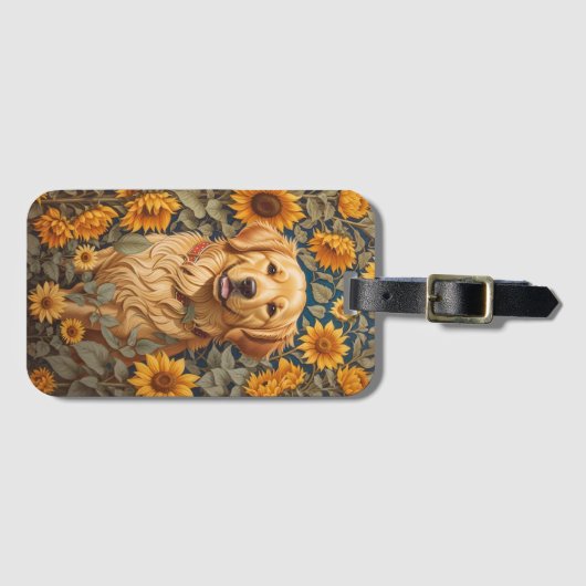 Gouden Retriever Hond Op Zonnebloemenveld Bagagelabel (Voorkant (horizontaal))
