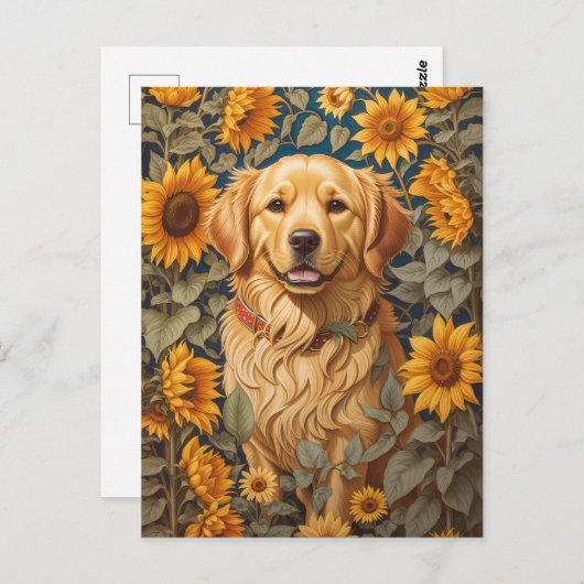 Gouden Retriever Hond Op Zonnebloemenveld Briefkaart (Voorkant / Achterkant)
