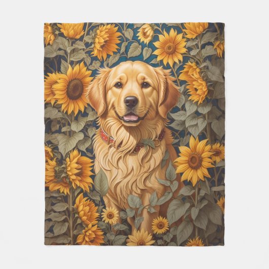 Gouden Retriever Hond Op Zonnebloemenveld Fleece Deken (Voorkant)