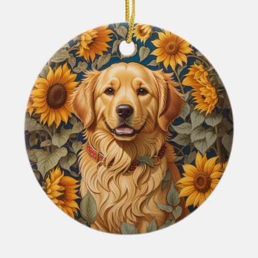 Gouden Retriever Hond Op Zonnebloemenveld Keramisch Ornament (Voorkant)