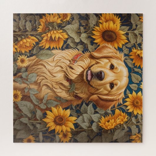 Gouden Retriever Hond Op Zonnebloemenveld Legpuzzel (Horizontaal)