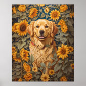 Gouden Retriever Hond Op Zonnebloemenveld Poster (Voorkant)