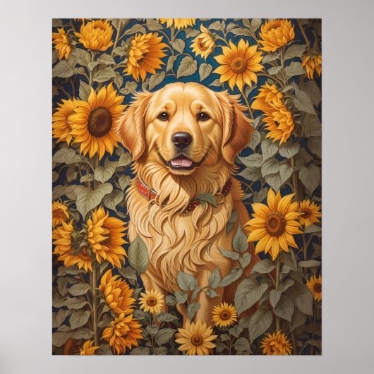 Gouden Retriever Hond Op Zonnebloemenveld Poster (Voorkant)