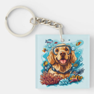 Gouden Retriever Hond Snorkelt Koraalrif Sleutelhanger