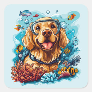 Gouden Retriever Hond Snorkelt Koraalrif Vierkante Sticker