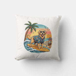 Gouden Retriever Hond Surft Surfplank Zonsondergan Kussen