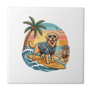 Gouden Retriever Hond Surft Surfplank Zonsondergan Tegeltje