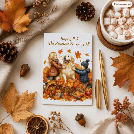 Gouden Retriever-hond tussen herfstbladeren famili Feestdagen Kaart