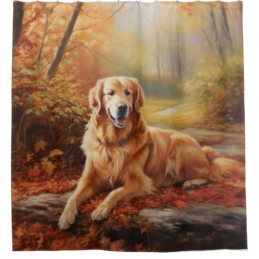 Gouden Retriever in Herfstbladeren Val Inspireert  Douchegordijn (Voorkant)