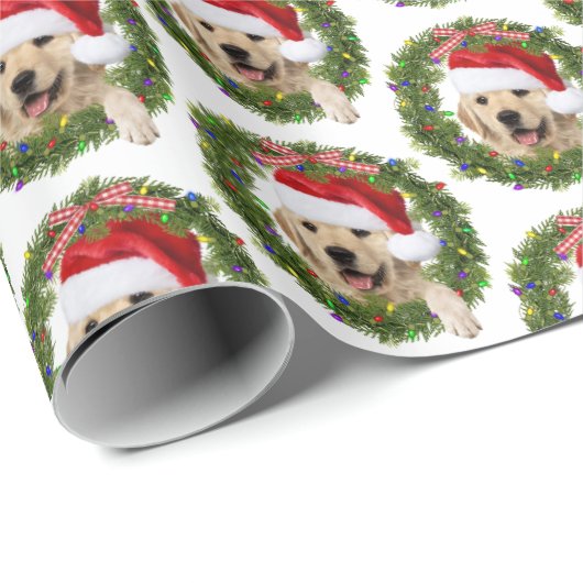 Gouden Retriever in Kerstkrans en lichten Cadeaupapier (Rol Hoek)