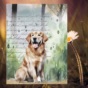 Gouden Retriever in Lenteregen Vintage Waterverf Feestdagenkaart