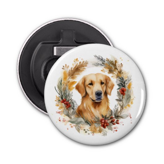 Gouden Retriever Kerstkrans Feestelijke Pup Button Flesopener (Voorkant)