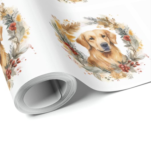 Gouden Retriever Kerstkrans Feestelijke Pup Cadeaupapier (Rol Hoek)