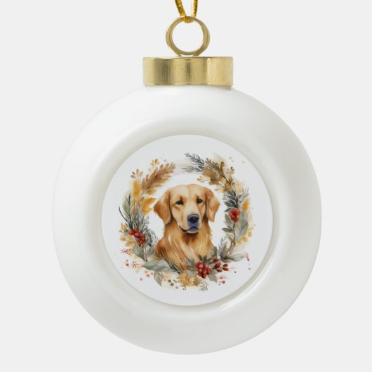 Gouden Retriever Kerstkrans Feestelijke Pup Keramische Bal Ornament (Voorkant)