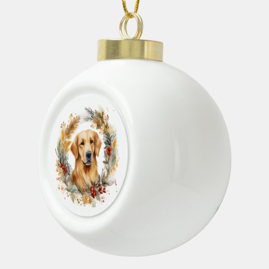 Gouden Retriever Kerstkrans Feestelijke Pup Keramische Bal Ornament (Rechts)