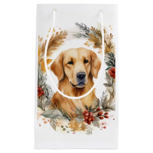 Gouden Retriever Kerstkrans Feestelijke Pup Klein Cadeauzakje (Voorkant)