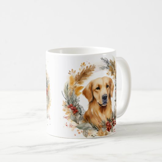 Gouden Retriever Kerstkrans Feestelijke Pup Koffiemok (Voorkant rechts)